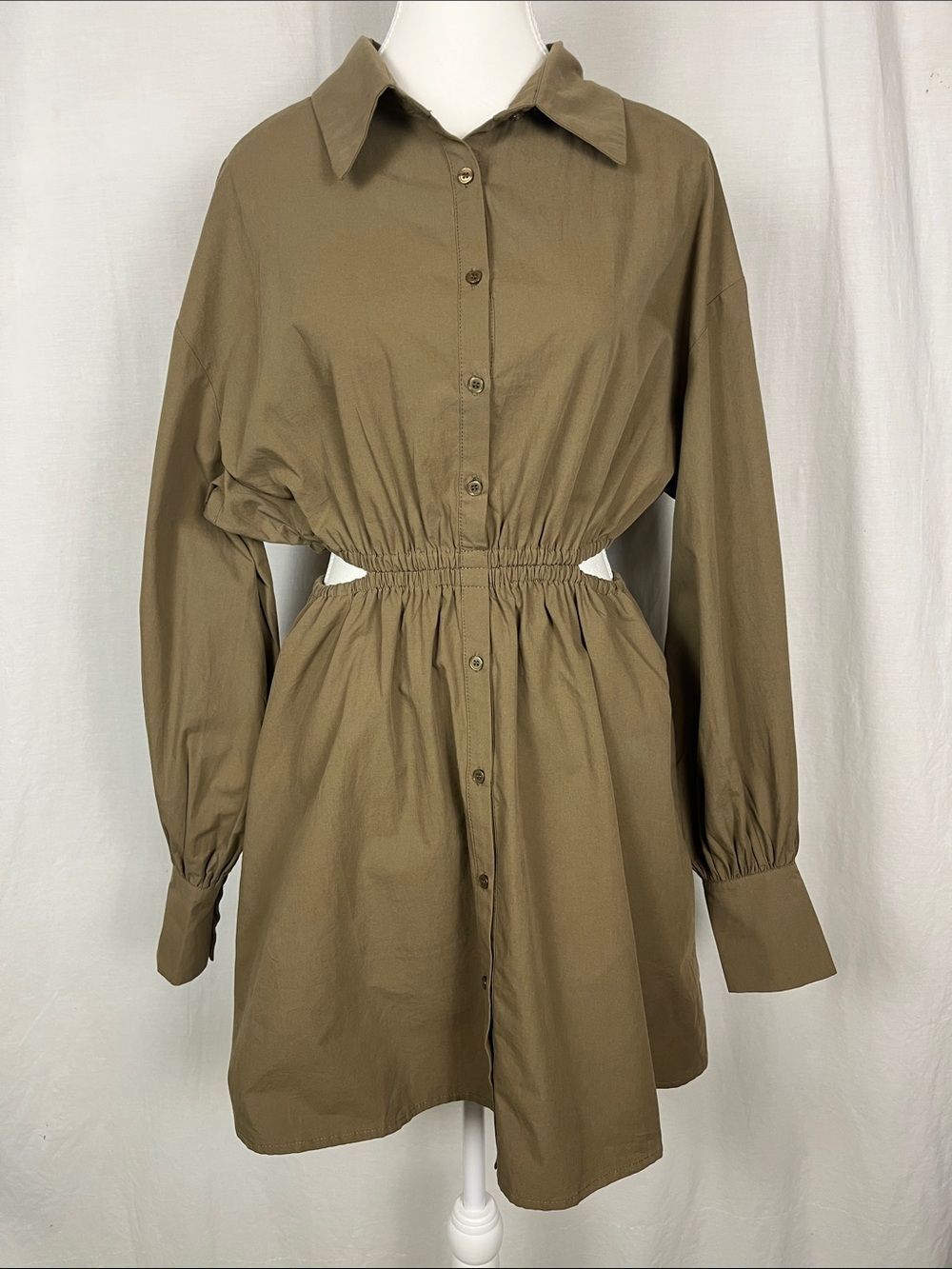 NWOT Showpo Army Green Long Sleeve Button Up Shirt Midi Dress with Cutouts